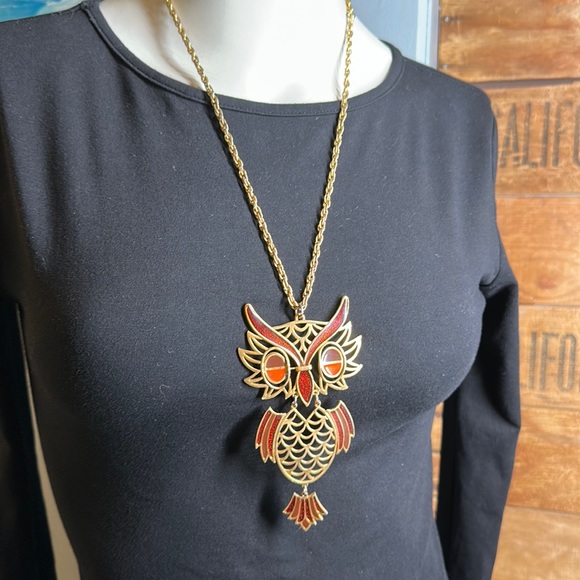 Vintage Jewelry - Vintage huge owl pendant necklace articulated enamel boho orange glittery gold